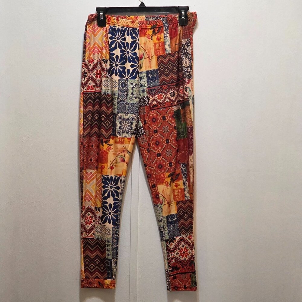 Azalea‎ by Firmiana Patchwork Fall Floral Chevron Striped Nordic Leggings L/XL
